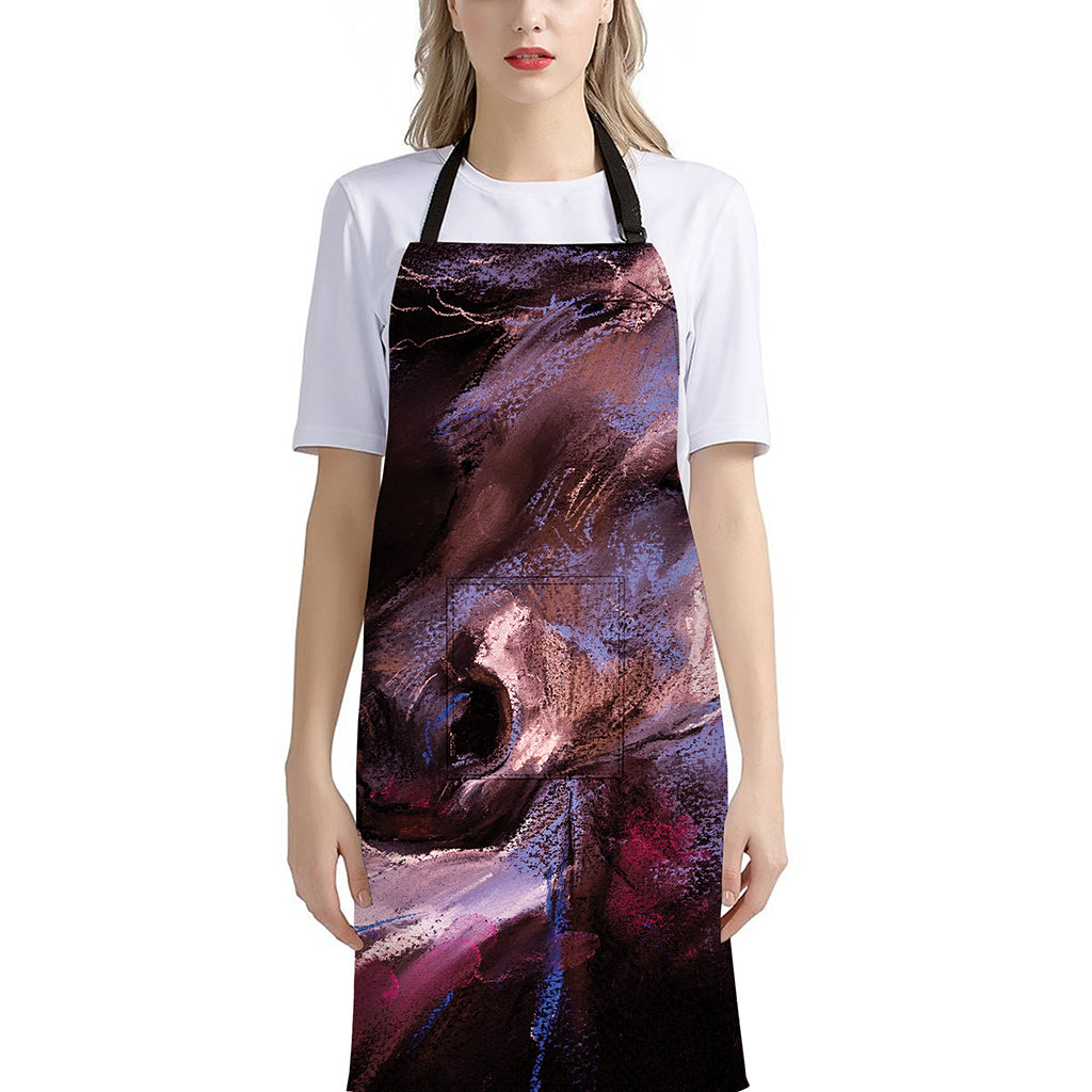 Dark Pink Horse Painting Print Bib Apron With Pocket
