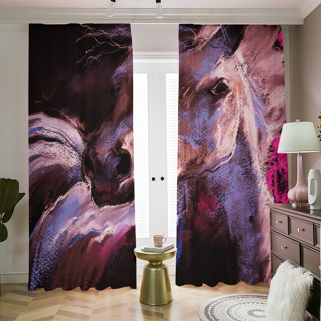 Dark Pink Horse Painting Print Blackout Pencil Pleat Curtains