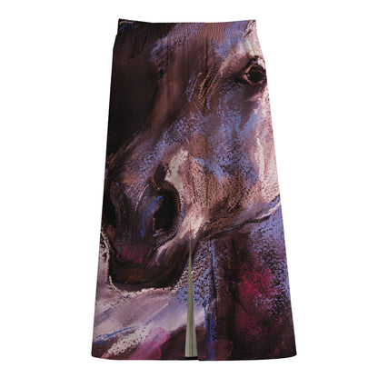 Dark Pink Horse Painting Print Cotton Front Slit Maxi Skirt