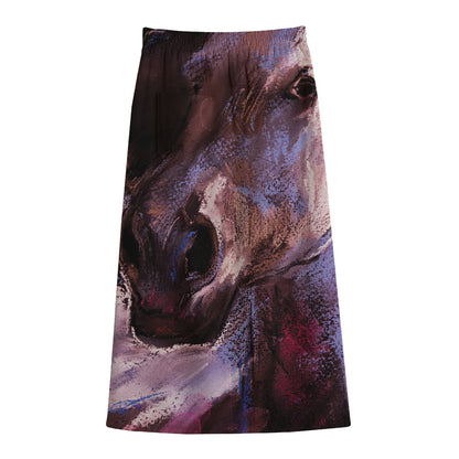 Dark Pink Horse Painting Print Cotton Front Slit Maxi Skirt