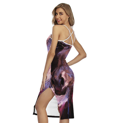 Dark Pink Horse Painting Print Cross Back Cami Dress