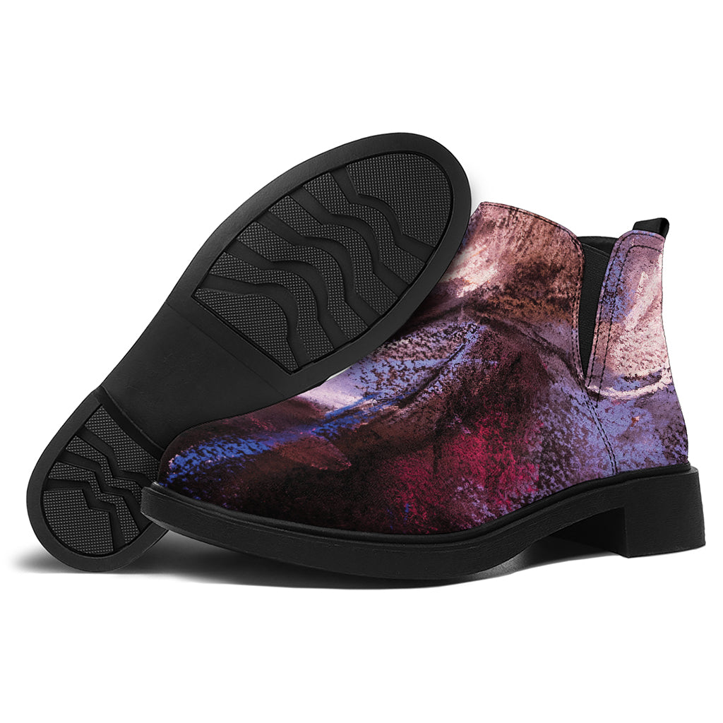Dark Pink Horse Painting Print Flat Ankle Boots