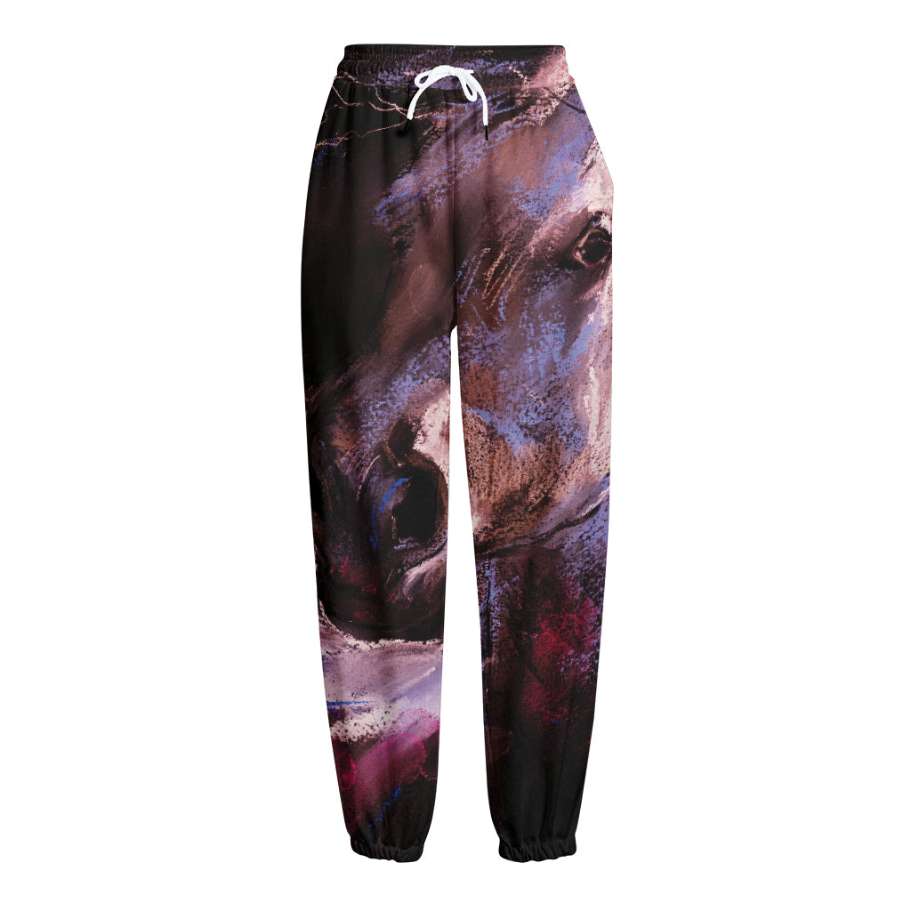 Dark Pink Horse Painting Print Fleece Lined Knit Pants