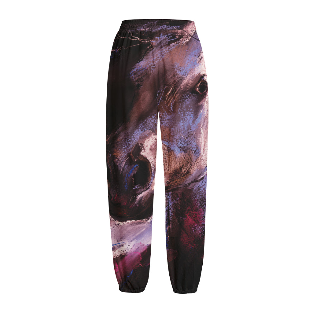 Dark Pink Horse Painting Print Fleece Lined Knit Pants