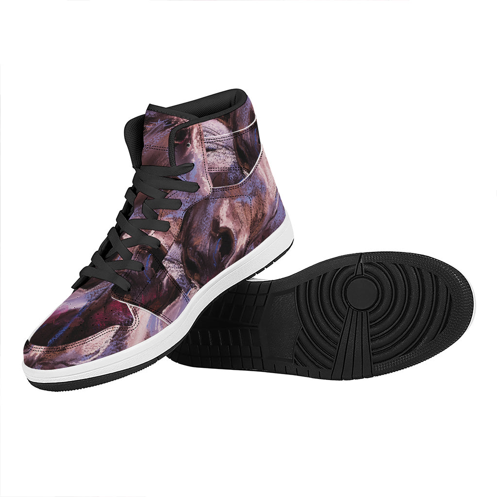 Dark Pink Horse Painting Print High Top Leather Sneakers