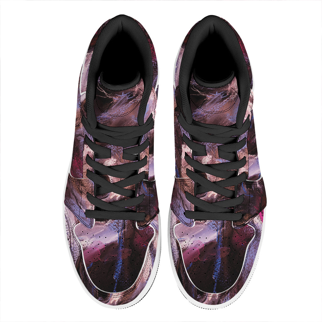 Dark Pink Horse Painting Print High Top Leather Sneakers