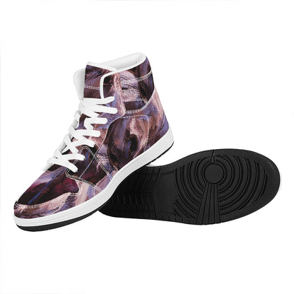 Dark Pink Horse Painting Print High Top Leather Sneakers