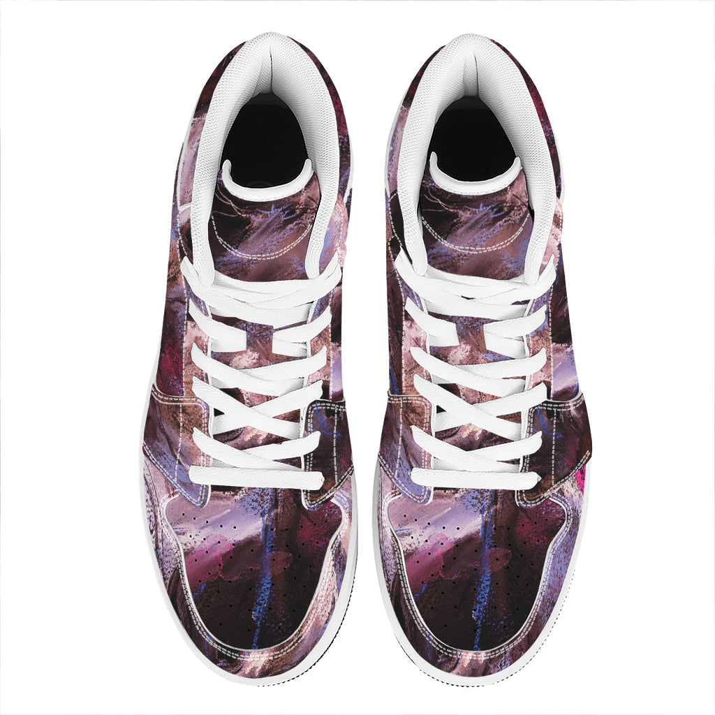 Dark Pink Horse Painting Print High Top Leather Sneakers
