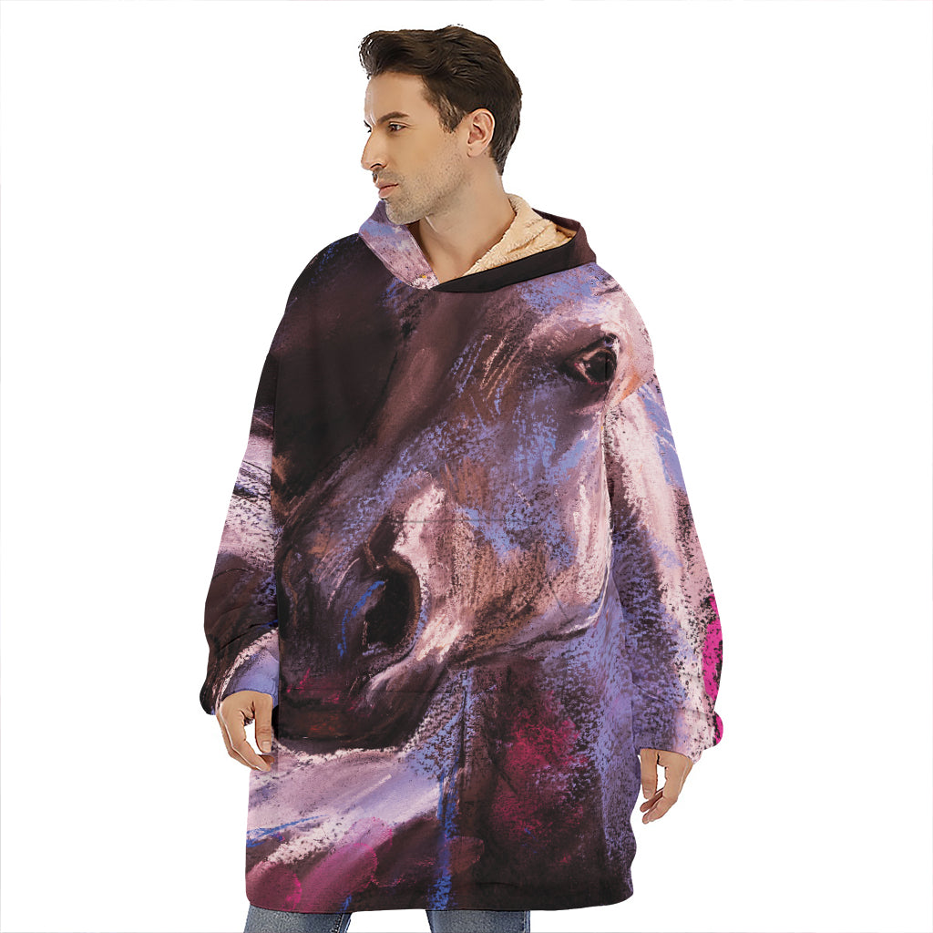 Dark Pink Horse Painting Print Hoodie Blanket