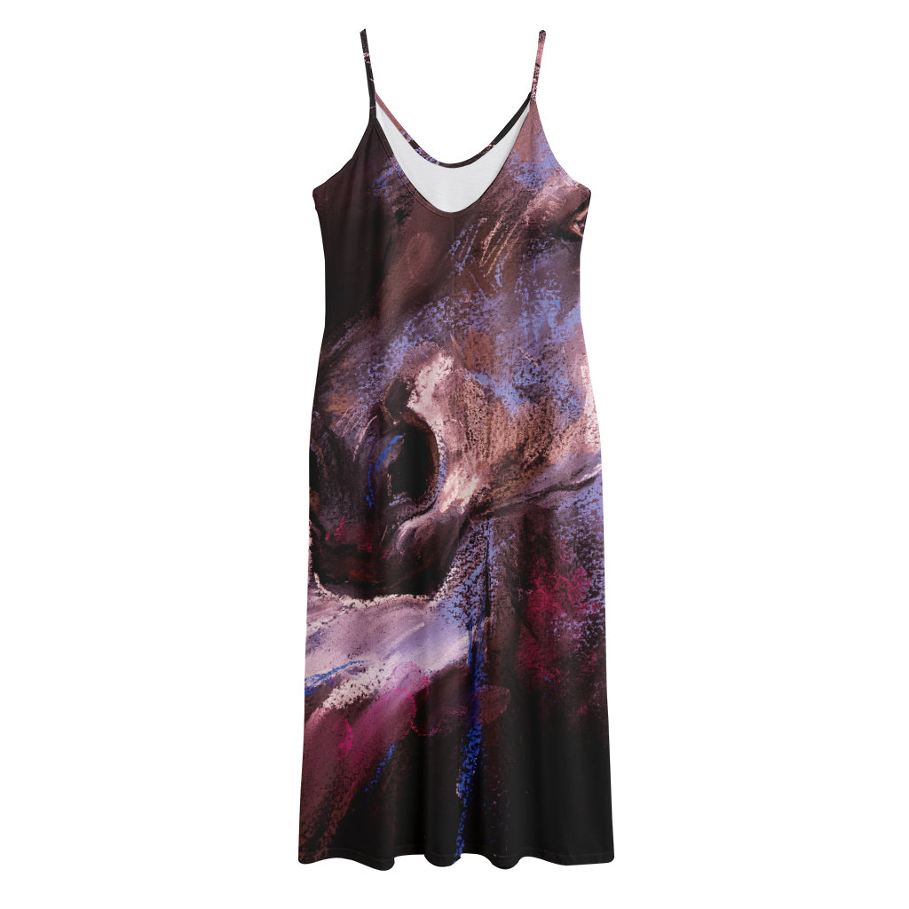 Dark Pink Horse Painting Print Jersey Midi Cami Dress