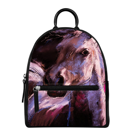 Dark Pink Horse Painting Print Leather Backpack