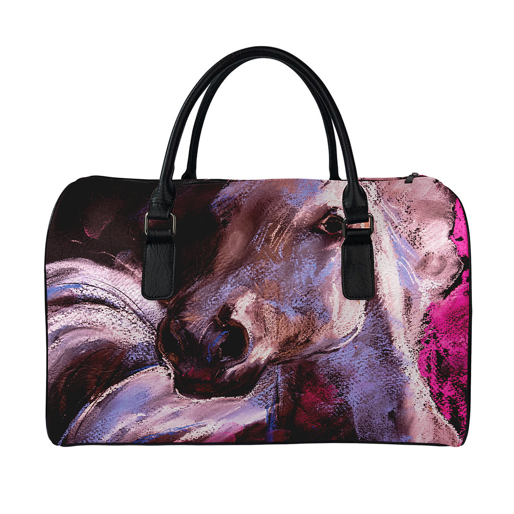 Dark Pink Horse Painting Print Leather Duffle Bag