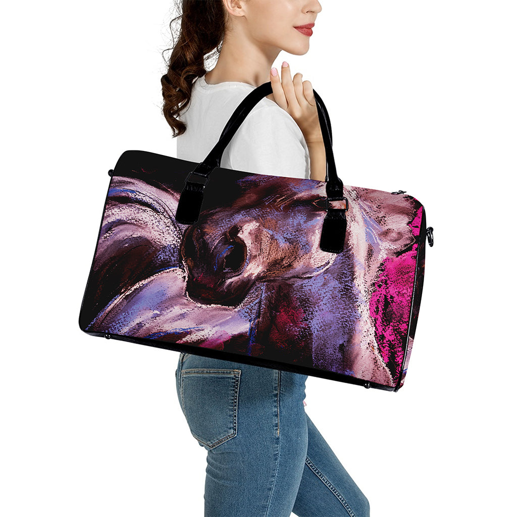 Dark Pink Horse Painting Print Leather Duffle Bag