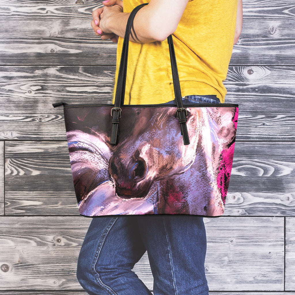 Dark Pink Horse Painting Print Leather Tote Bag