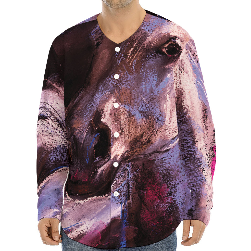 Dark Pink Horse Painting Print Long Sleeve Baseball Jersey