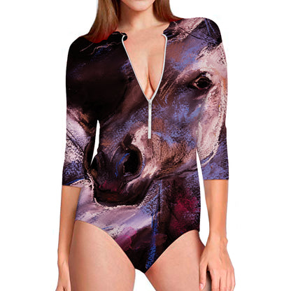 Dark Pink Horse Painting Print Long Sleeve Swimsuit