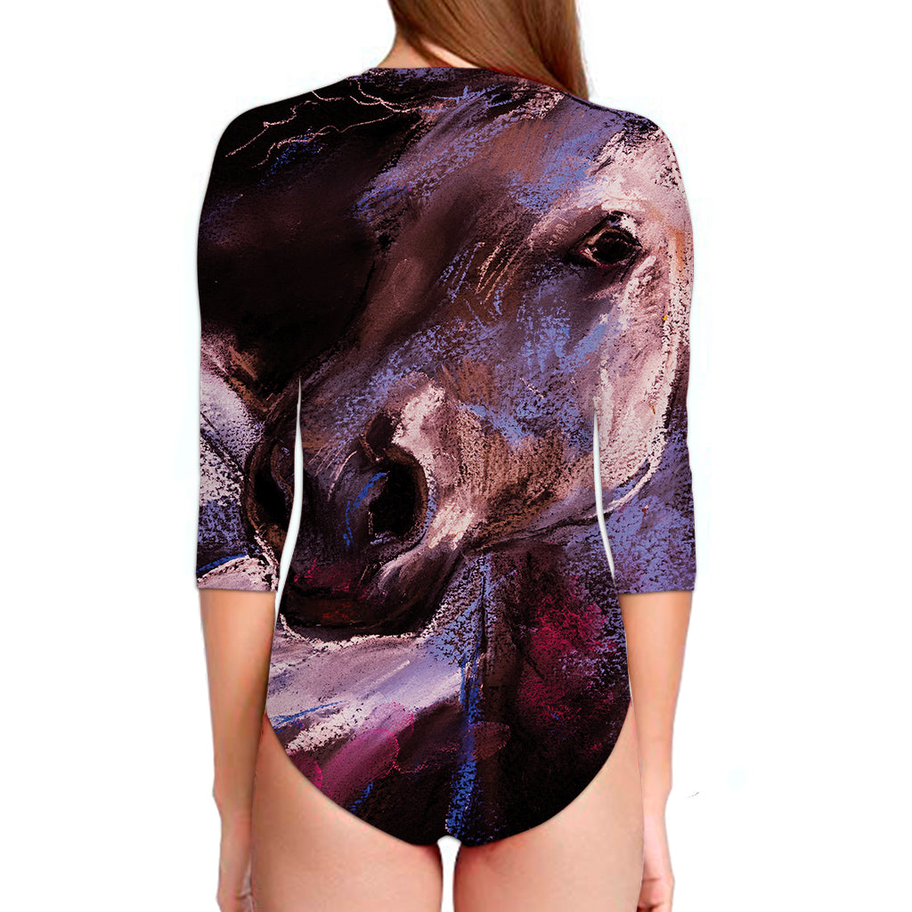 Dark Pink Horse Painting Print Long Sleeve Swimsuit