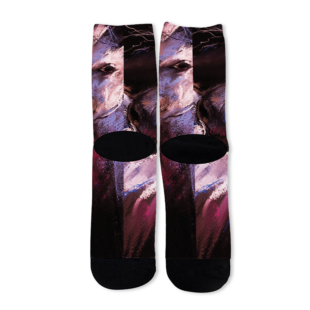 Dark Pink Horse Painting Print Long Socks