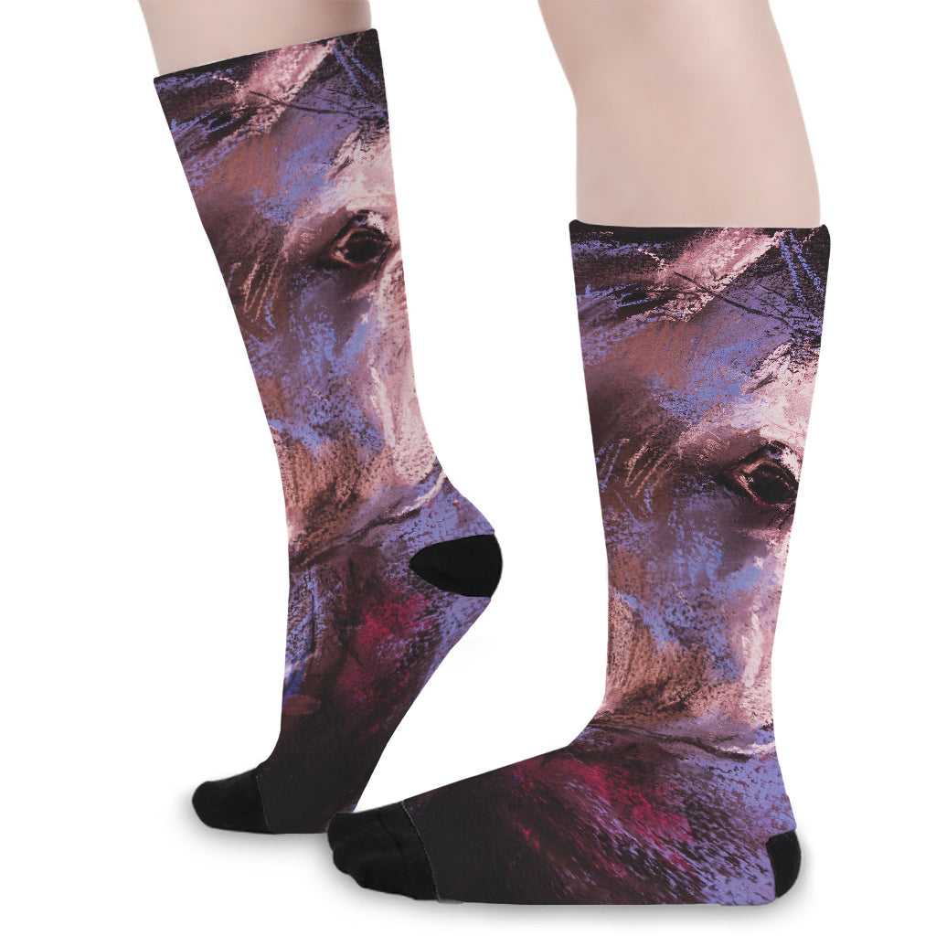 Dark Pink Horse Painting Print Long Socks