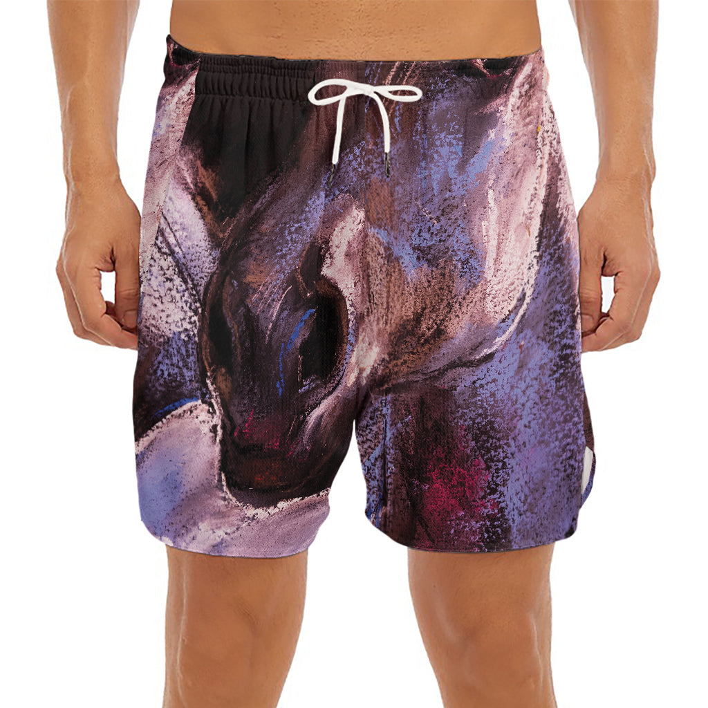 Dark Pink Horse Painting Print Men's Split Running Shorts