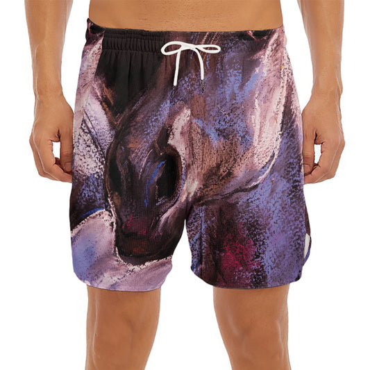 Dark Pink Horse Painting Print Men's Split Running Shorts