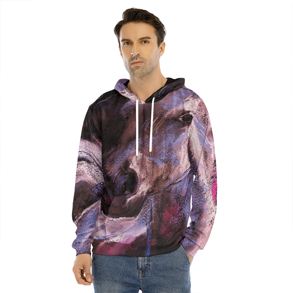 Dark Pink Horse Painting Print Men's Velvet Pullover Hoodie