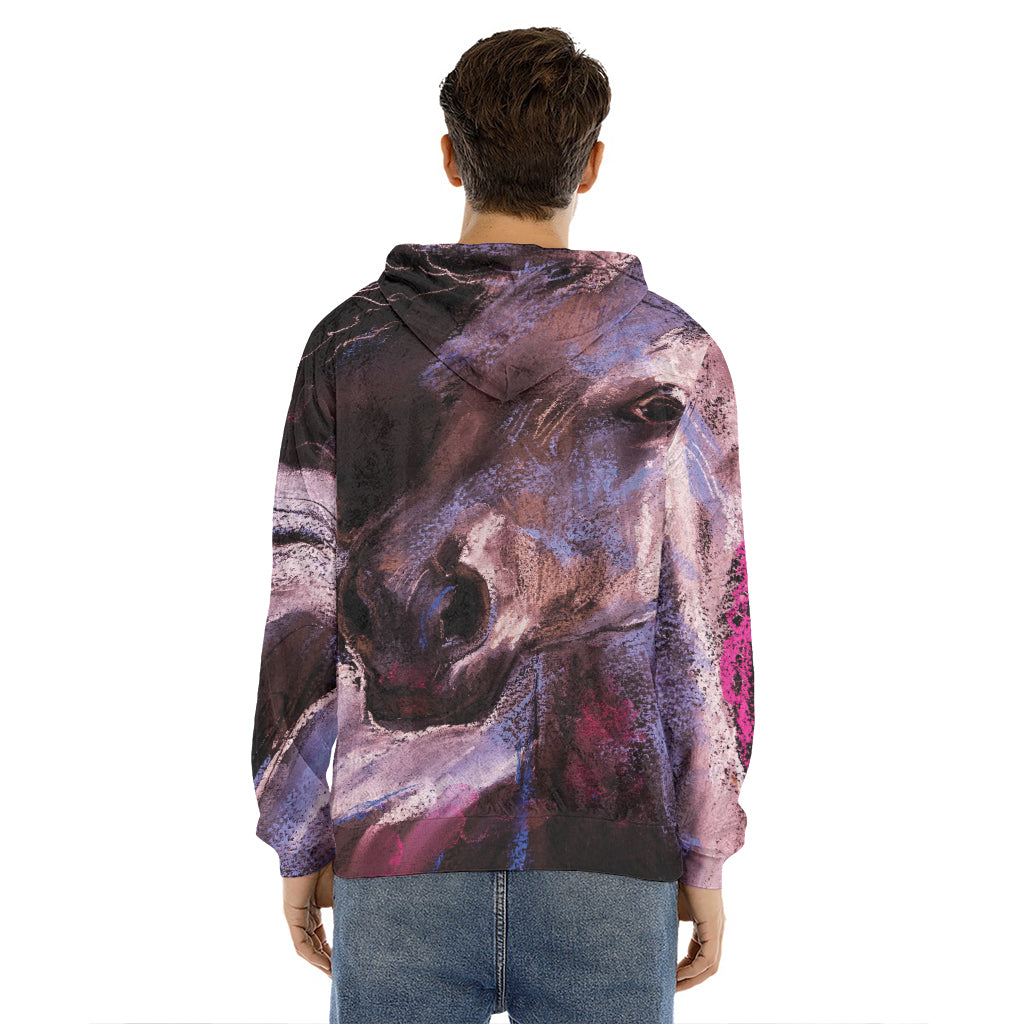 Dark Pink Horse Painting Print Men's Velvet Pullover Hoodie