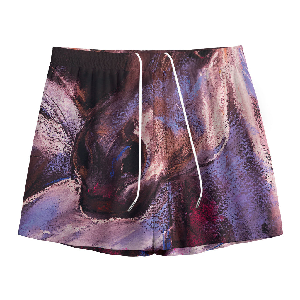 Dark Pink Horse Painting Print Mesh Shorts