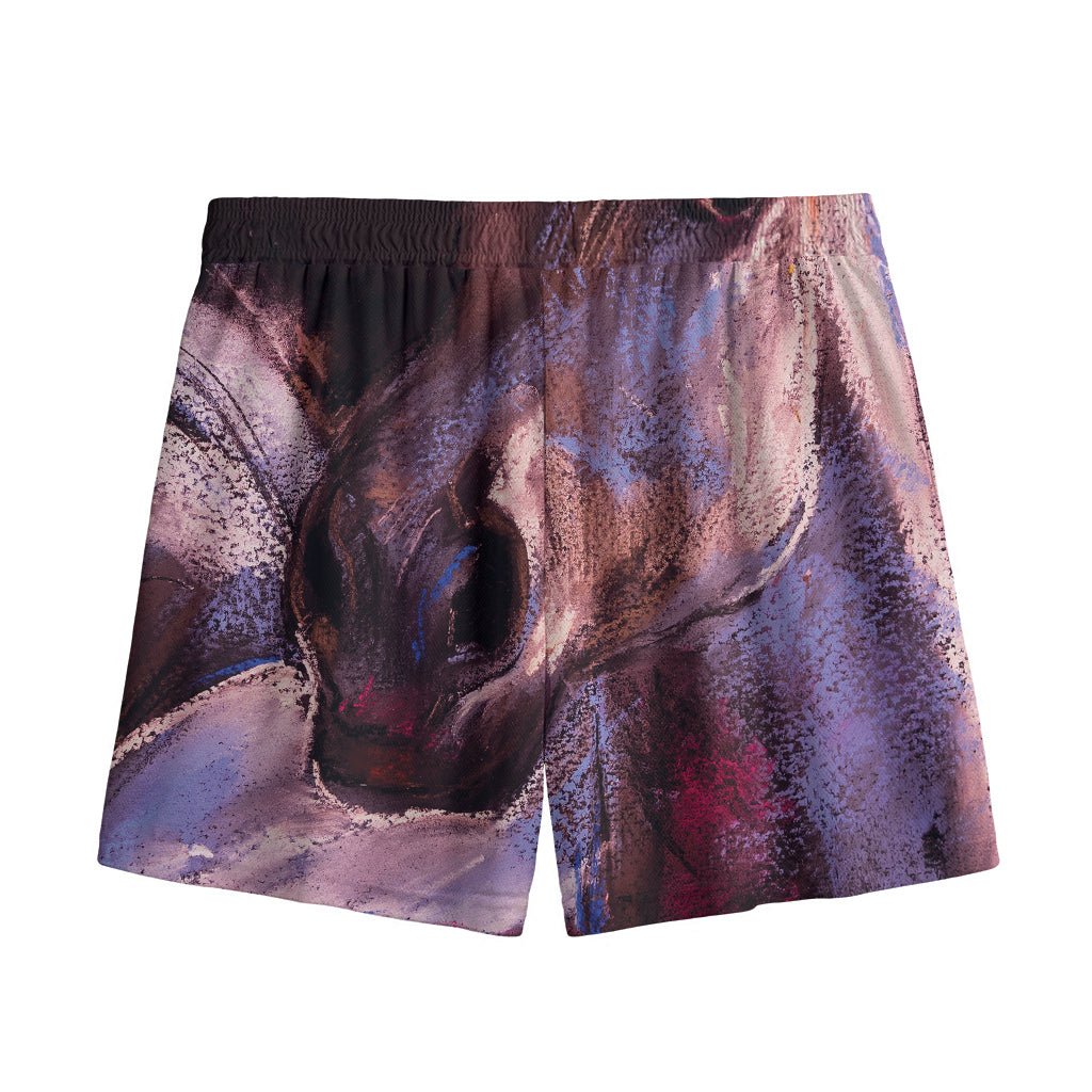 Dark Pink Horse Painting Print Mesh Shorts