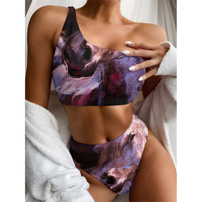 Dark Pink Horse Painting Print One Shoulder Bikini Top