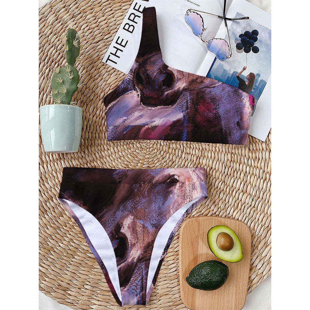 Dark Pink Horse Painting Print One Shoulder Bikini Top