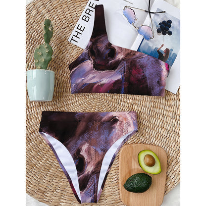 Dark Pink Horse Painting Print One Shoulder Bikini Top