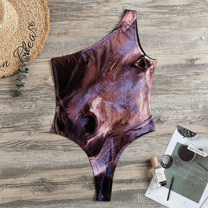 Dark Pink Horse Painting Print One Shoulder Bodysuit