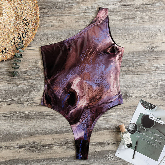 Dark Pink Horse Painting Print One Shoulder Bodysuit