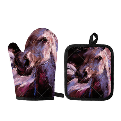 Dark Pink Horse Painting Print Oven Mitt And Pot Holder Set