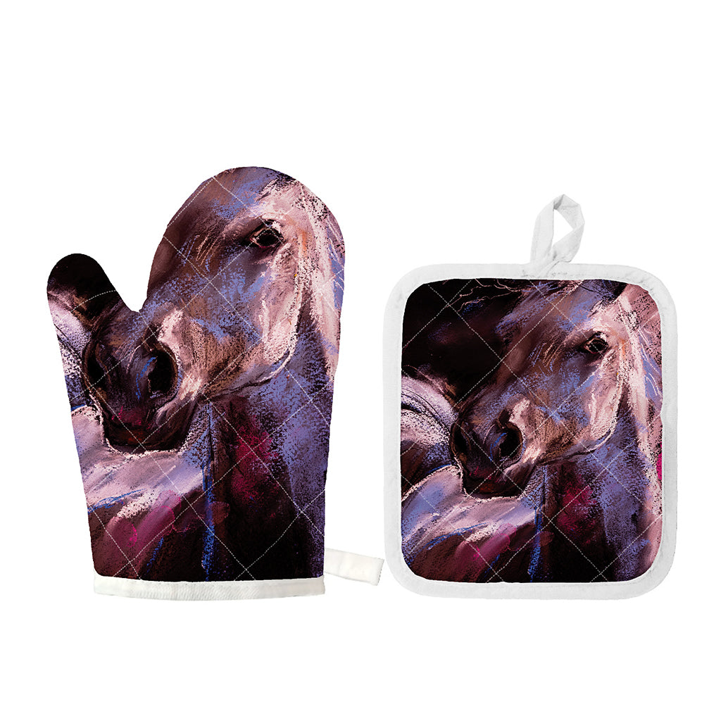 Dark Pink Horse Painting Print Oven Mitt And Pot Holder Set