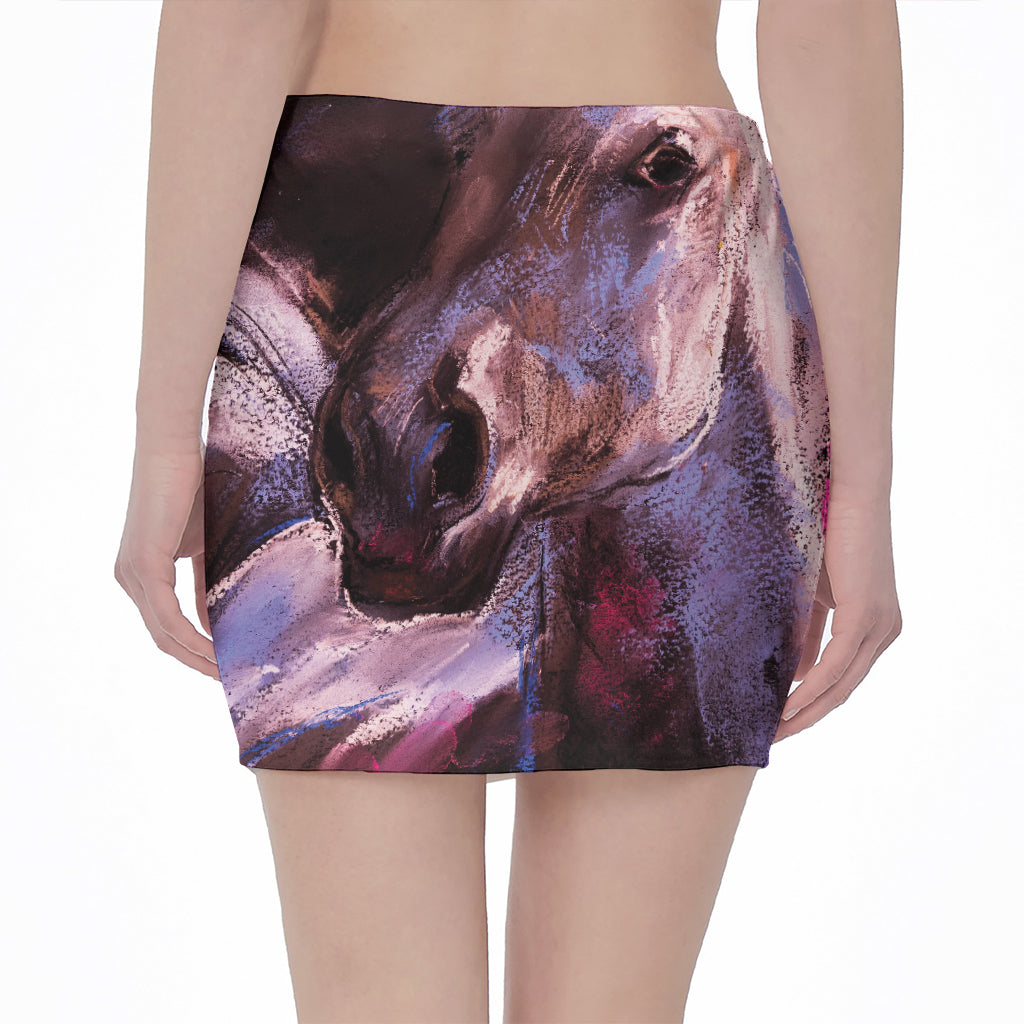 Dark Pink Horse Painting Print Pencil Mini Skirt