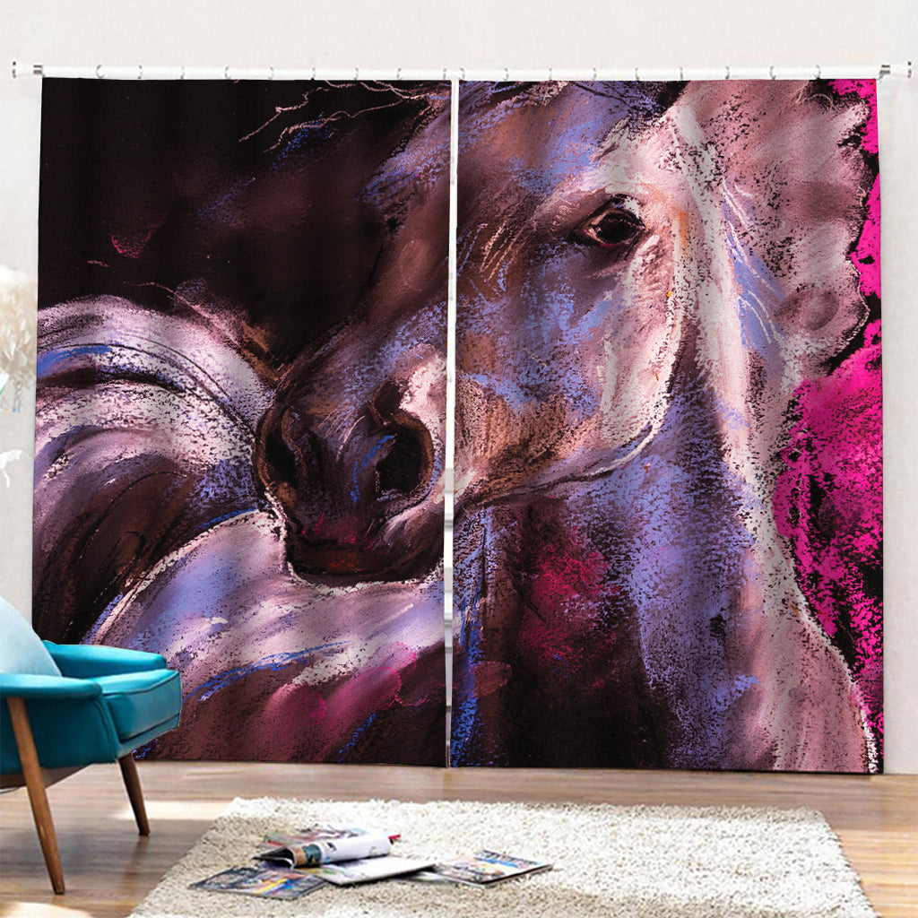 Dark Pink Horse Painting Print Pencil Pleat Curtains