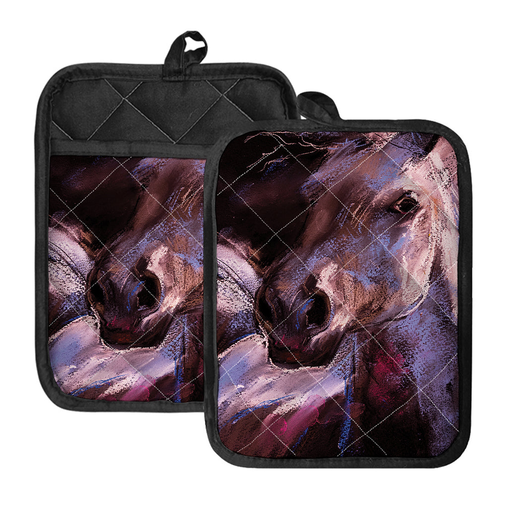 Dark Pink Horse Painting Print Pot Holders With Pocket