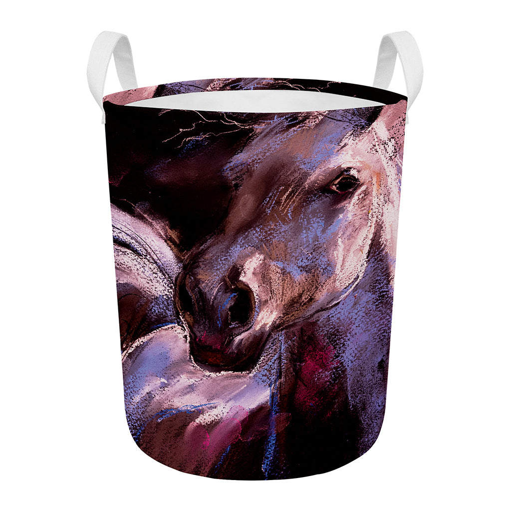 Dark Pink Horse Painting Print Round Laundry Basket