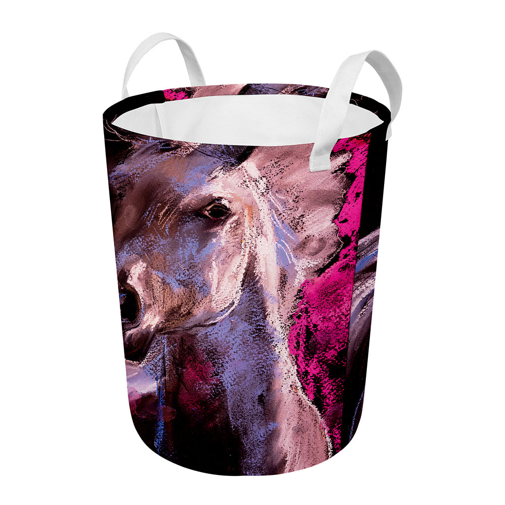 Dark Pink Horse Painting Print Round Laundry Basket