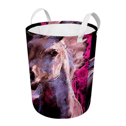 Dark Pink Horse Painting Print Round Laundry Basket