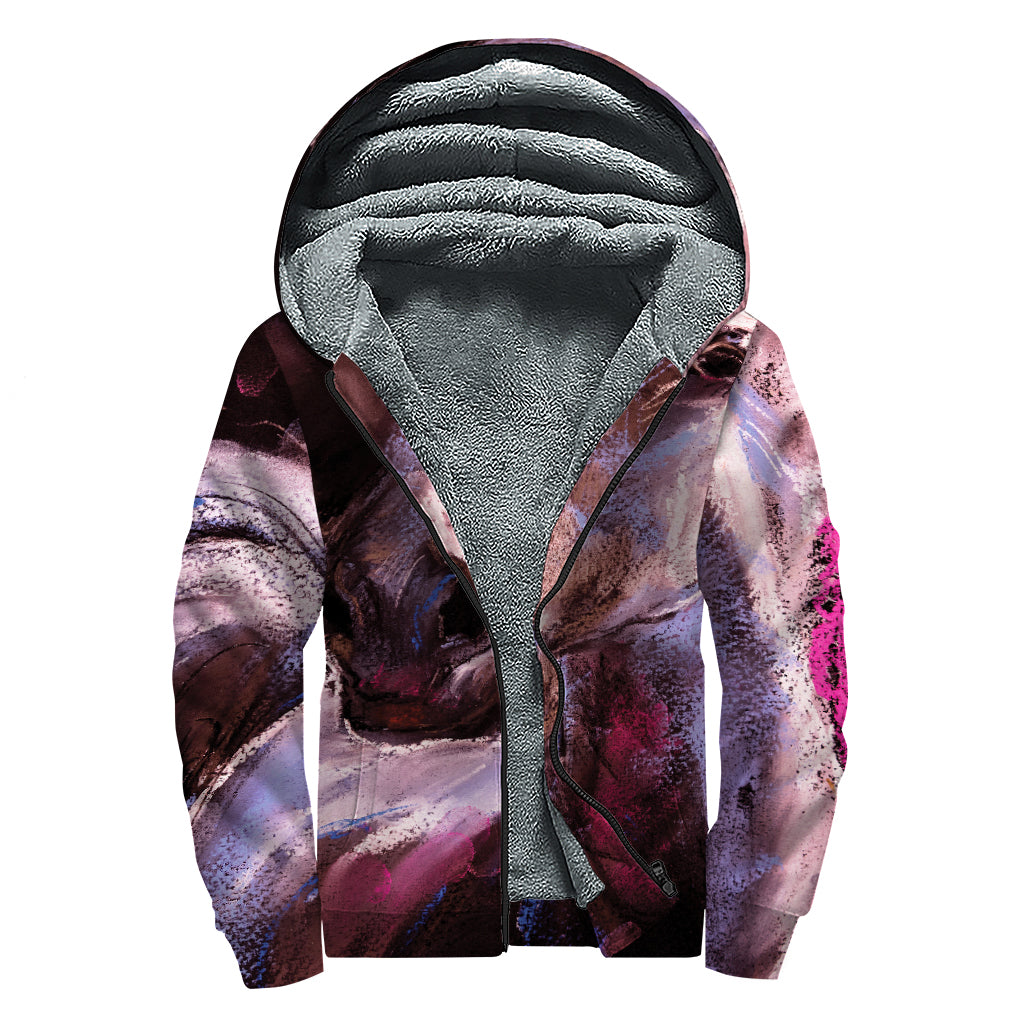 Dark Pink Horse Painting Print Sherpa Lined Zip Up Hoodie