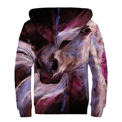 Dark Pink Horse Painting Print Sherpa Lined Zip Up Hoodie