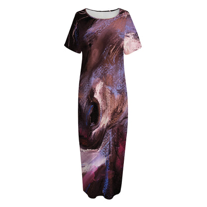 Dark Pink Horse Painting Print Short Sleeve Long Nightdress