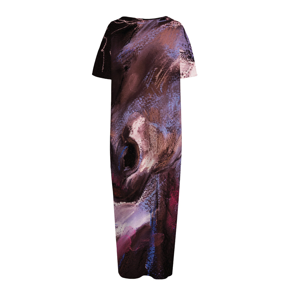 Dark Pink Horse Painting Print Short Sleeve Long Nightdress