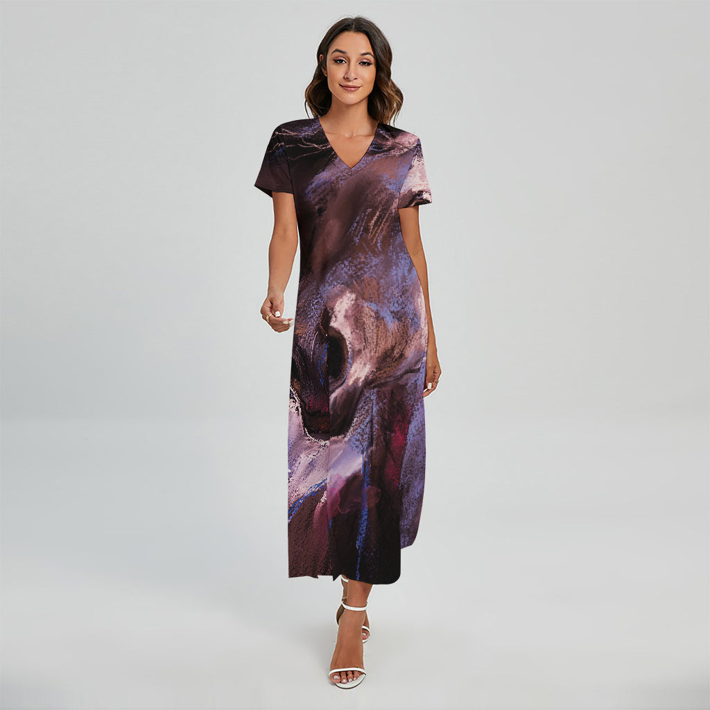 Dark Pink Horse Painting Print Short Sleeve Maxi Dress