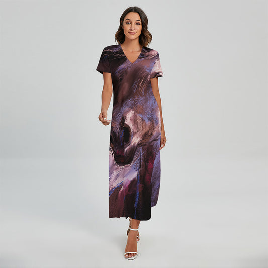 Dark Pink Horse Painting Print Short Sleeve Maxi Dress