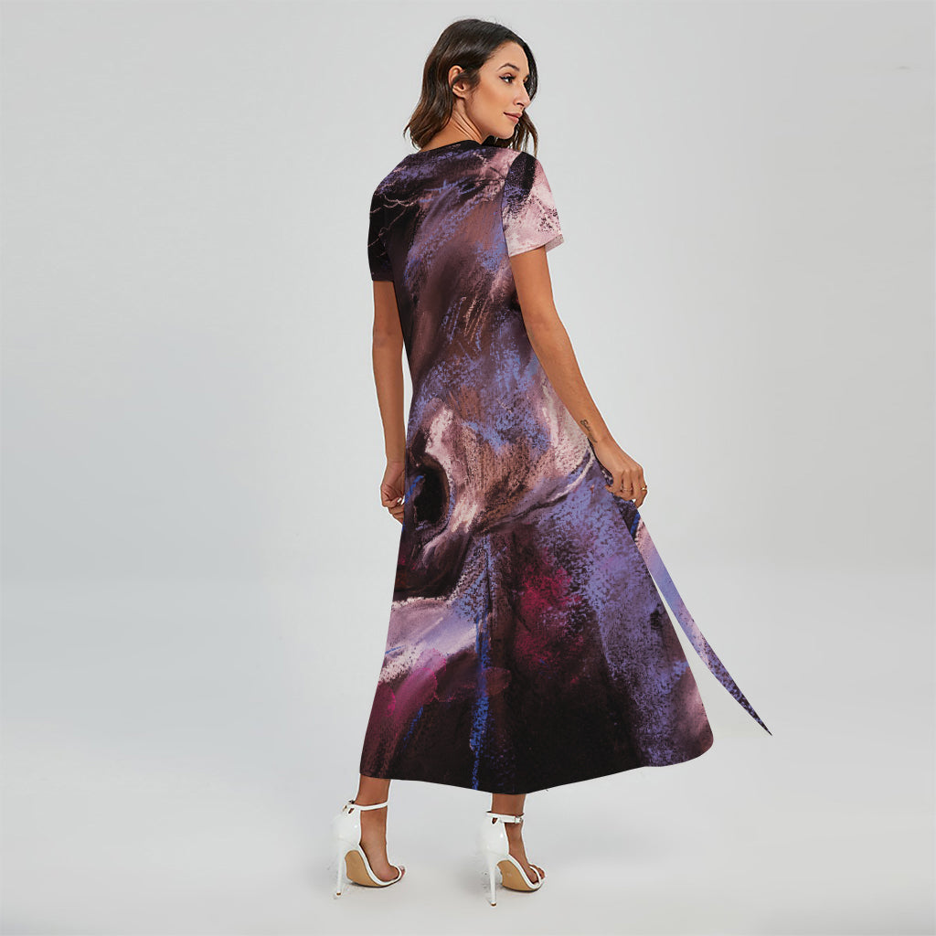 Dark Pink Horse Painting Print Short Sleeve Maxi Dress