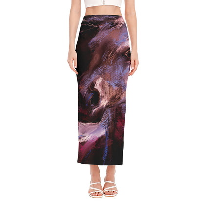 Dark Pink Horse Painting Print Side Slit Maxi Skirt
